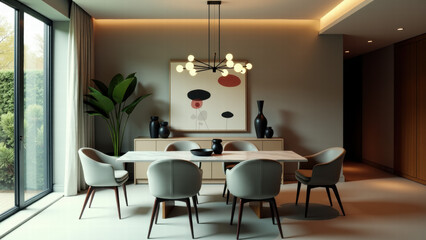 Fototapeta premium Dining Room with a Chic Suspended Chandelier and Modern Furniture