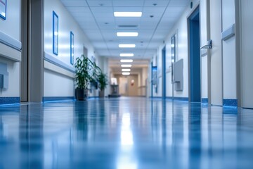 Obraz premium Hospital Hallway Features Reception Area With Unfocused Background and Clean Floor. Generative AI