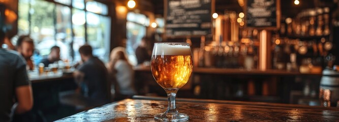 Patrons enjoying craft beer at a lively pub with glowing decor and brewing equipment