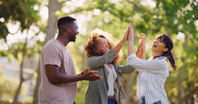 Students, success and high five outdoor for teamwork, clapping and education goal. Excited people, celebration and hands together with friends for exam pass, college acceptance or target achievement