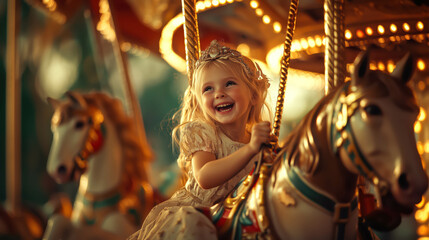 A joyful little girl dressed as a princess rides a carousel horse, laughing with excitement under glowing lights, capturing the magic of childhood and fairytale dreams