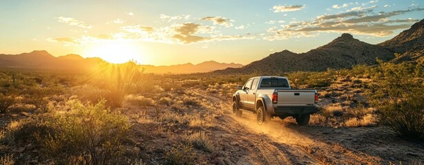 Pickup Truck on Desert Road at Sunset