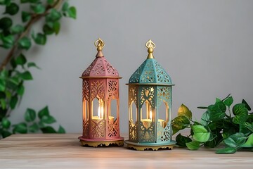 Obraz premium Arabic Lantern with a Burning Candle Inside Placed on Wooden Table