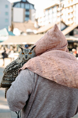 A man and his owl.
A man with a great owl sitting  on his arm is waliking through the city.