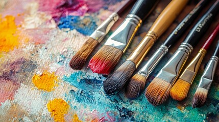 Obraz premium Close-up of various paintbrushes resting on a watercolor palette