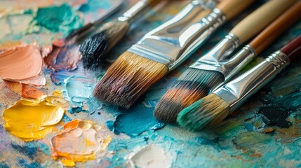 Fototapeta premium Close-up of various paintbrushes resting on a watercolor palette