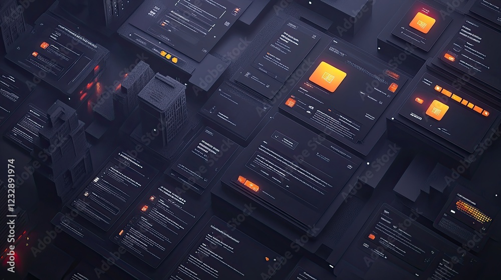 Wall mural dark interface design showing multiple data screens