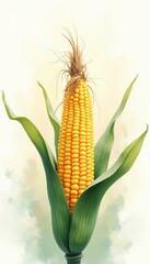 A vibrant corn cob with lush green leaves, perfect for agricultural, culinary, and health-related themes.