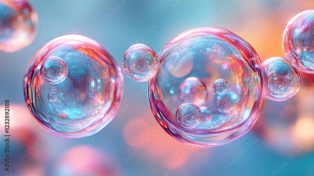 Poster abstract iridescent bubbles floating in pastel background