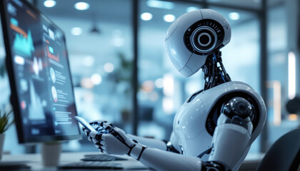 Humanoid Robot Working on a Computer and Smartphone