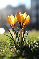 Close-up of vibrant yellow and purple crocuses blooming in a spring meadow within a park, bathed in bright sunlight