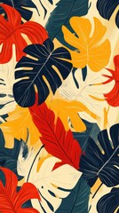 Vibrant Tropical Leaf Pattern: Bold Red, Yellow, and Dark Blue Monstera Leaves