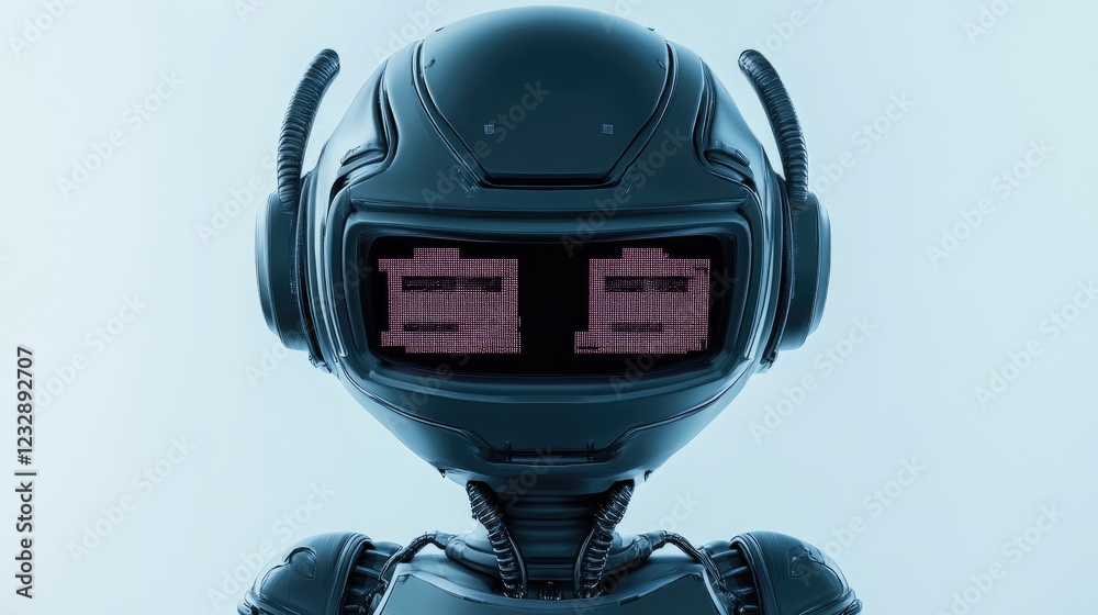 Poster futuristic robot displays digital information on its face