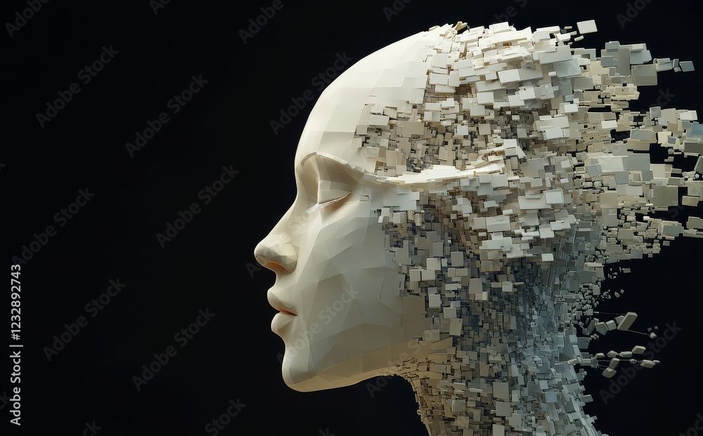 Poster stock image showing an abstract digital human face. visual depiction centered around big data or cyb