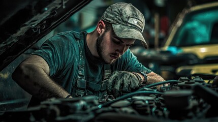 Obraz premium Young Mechanic Working on Car Engine in Dimly Lit Garage