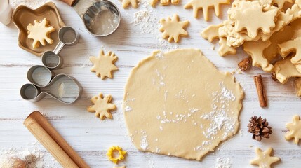 Overhead view of raw cookie dough and cutters on a white wooden table