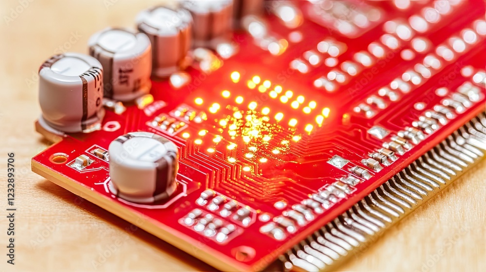 Poster Red Circuit Board With Leds Illuminated