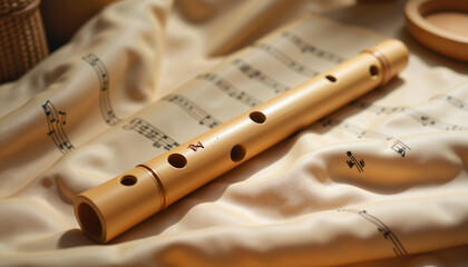 Bamboo flute on silk cloth in soft sepia lighting, cultural heritage