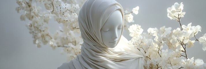 Muslim woman in hijab. Mannequin in white dress and hijab. Modesty. Religion Islam. Against a background of white beautiful flowers.
