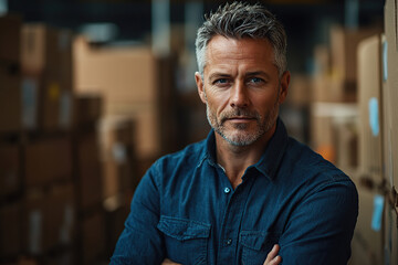 Obraz premium Middle aged handsome businessman posing in warehouse