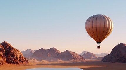 Obraz premium Beige Hot Air Balloon Over Desert Landscape at Sunrise