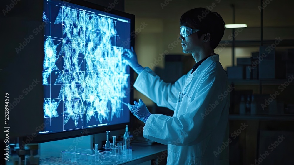 Poster Scientist Analyzing Complex Data On Large Screen Display