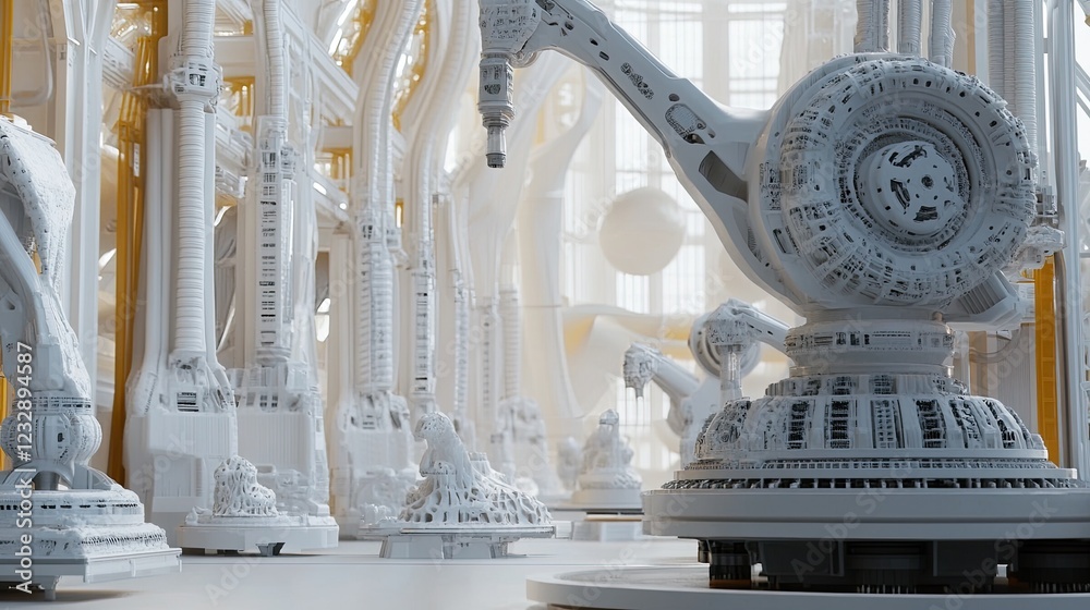 Poster futuristic white robotic factory architecture design