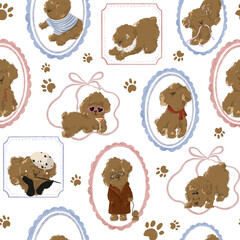 Hand drawing beige seamless pattern with cute funny dogs. Doodle of little puppy, poodle paw for wrapping paper, textile, baby wallpaper, nursery print, posters