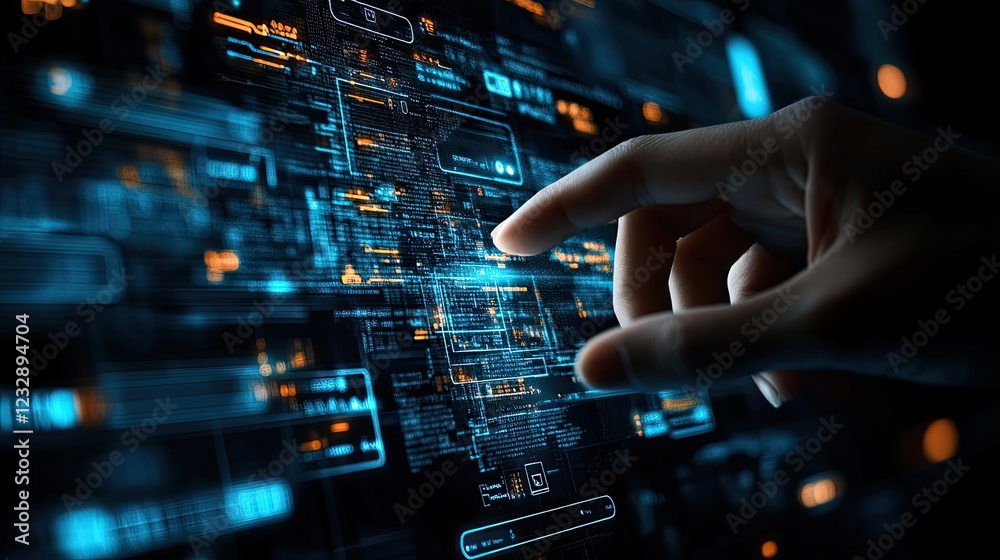 Poster A hand interacts with a digital interface displaying code