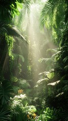 Naklejka premium Sunbeams Illuminating Lush Tropical Rainforest Path.
