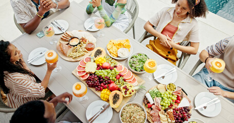 People, talking and food for brunch outdoor for birthday party, social gathering and bonding. Friends, discussion and gossip news with cocktail, healthy meal and group reunion for holiday celebration