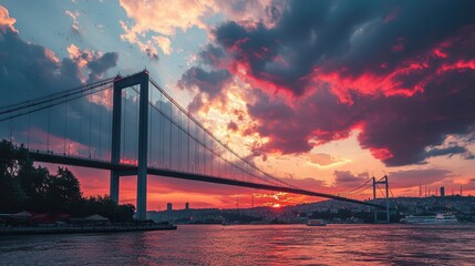 Obraz premium Stunning Sunset Over Iconic Bridge with Colorful Sky Reflection