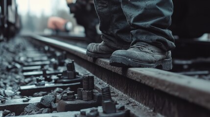 Obraz premium A man in a pair of black work boots stands on a railroad track