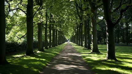 Fototapeta premium Walkway in a green spring beech forest in Leuven, Belgium. A beautiful natural tunnel. Atmospheric landscape. Perfect for eco-tourism and travel destinations, it emphasizes environmental conservation