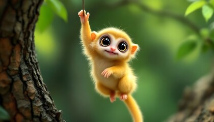 Fototapeta premium Adorable Baby Lemur Hanging on Branch Digital Art