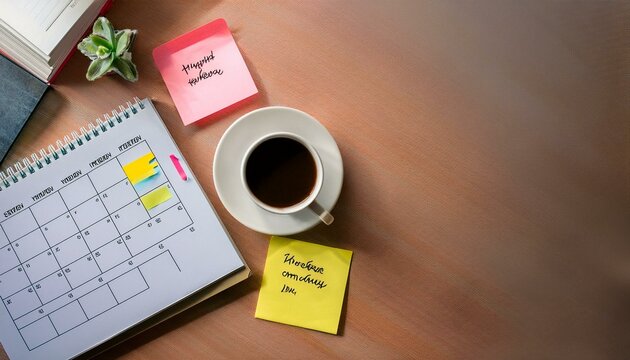 Generated image A clean and minimal desk setup with a calendar open to Wednesday, a cup of coffee