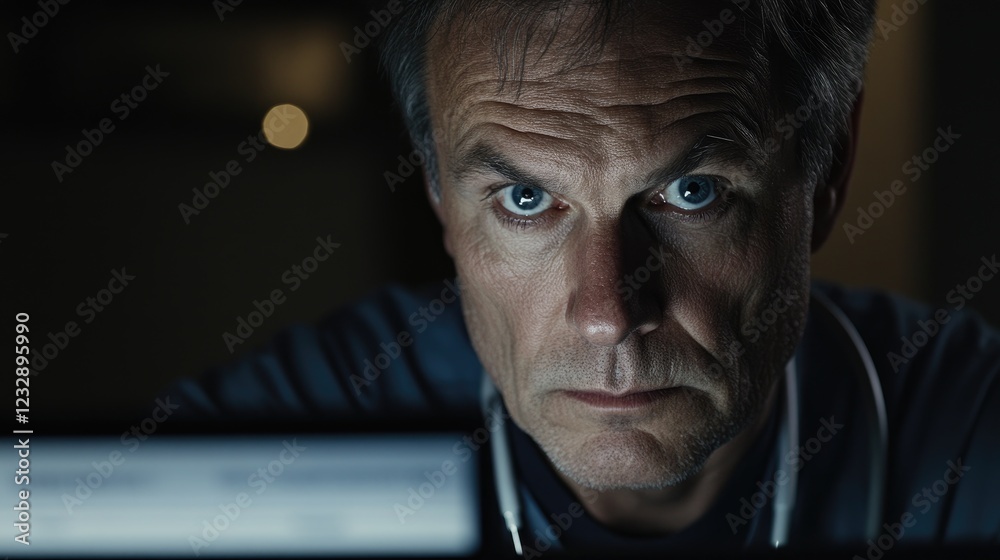 Poster a man intensely focuses on a computer screen at night