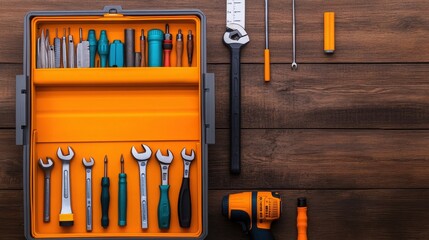 Top view of an organized toolbox filled with various tools on a wooden surface, perfect for DIY enthusiasts and professionals.