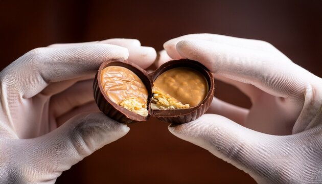 Generated image A close-up of someone&rsquo;s hands holding a peanut butter-filled chocolate candy, ready to take