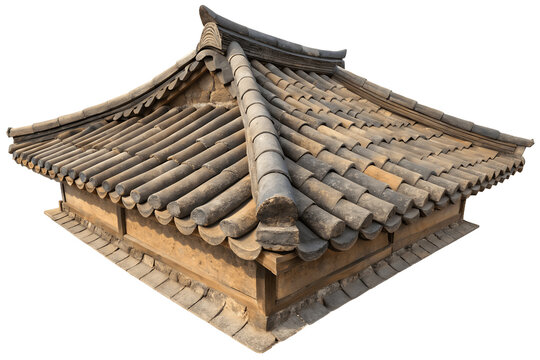 Traditional Asian Roof: Close-up view of a weathered, tiled roof with a distinctive layered design, showcasing intricate details of traditional Asian architecture.