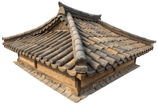 Traditional Asian Roof: Close-up view of a weathered, tiled roof with a distinctive layered design, showcasing intricate details of traditional Asian architecture.