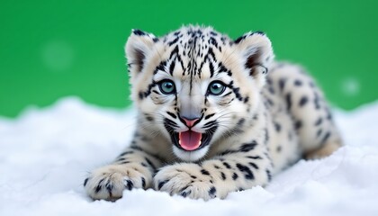 Naklejka premium Adorable Snow Leopard Cub in Snow Winter Wildlife Photo