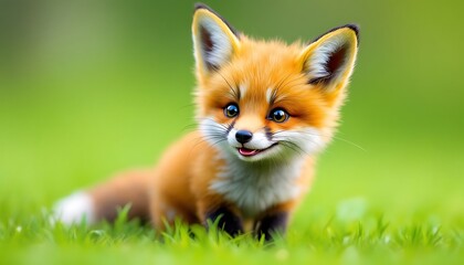 Fototapeta premium Adorable Baby Fox Kit in Green Grass