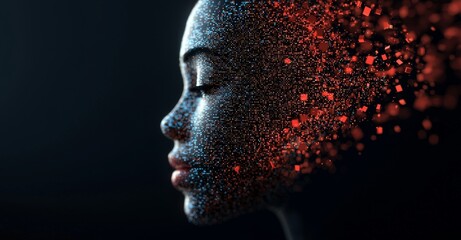 Abstract digital human face. Stock imagery representing big data or cyber security. 3D rendering