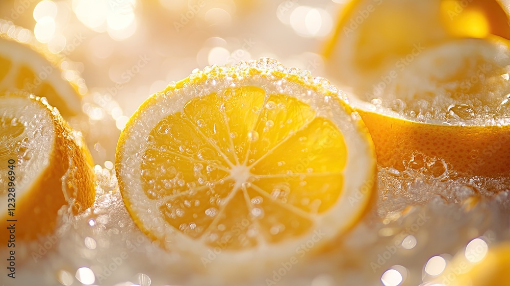 Poster lemon slices submerged in sparkling water bubbles