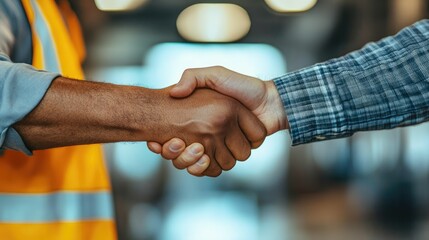 Two Construction Workers Shake Hands Showing Teamwork