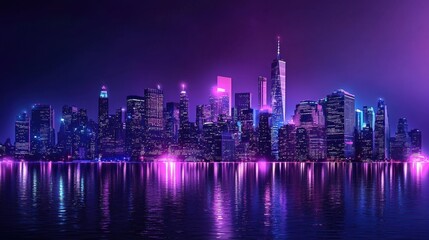 Naklejka premium Vibrant Night Cityscape with Neon Lights Over Reflection on Water