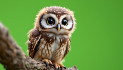 Fototapeta premium Adorable Baby Owl Perched on Branch Green Background