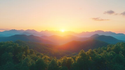 Majestic Sunset Over Rolling Forest Mountains