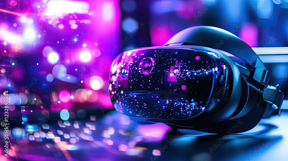 Poster virtual reality headset on illuminated keyboard